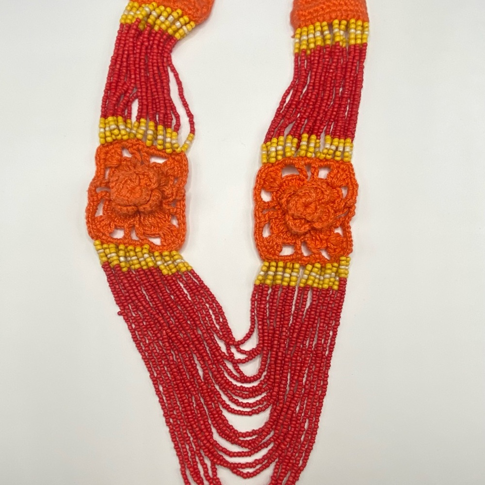 Vintage Handcrafted Beaded & Crocheted Necklace - Red, Orange, Yellow